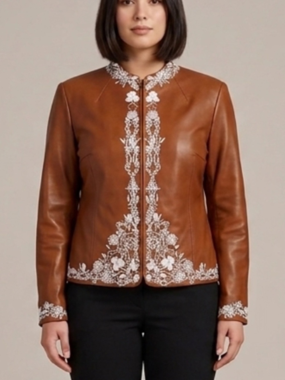 Guillaume Embroidered Genuine Leather Jacket Cognac Brown - EUC
